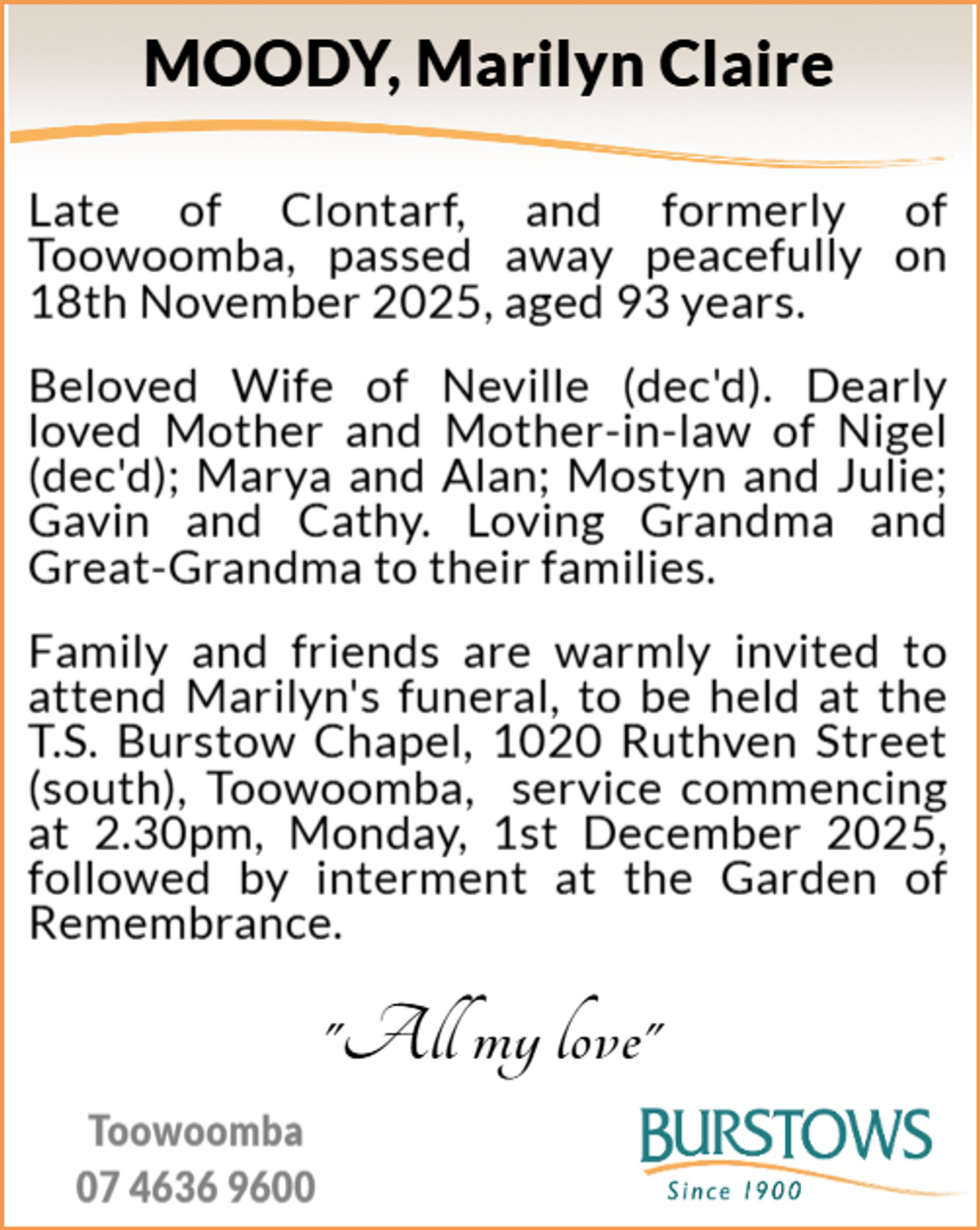 Funeral notice for Marilyn Claire Moody