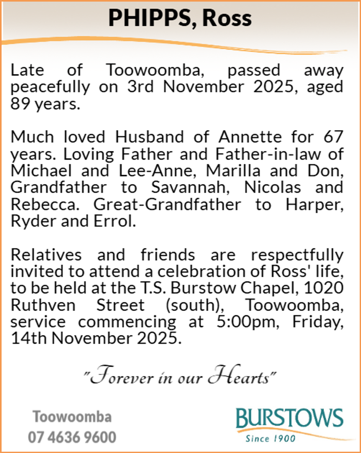 Funeral notice for Ross Phipps