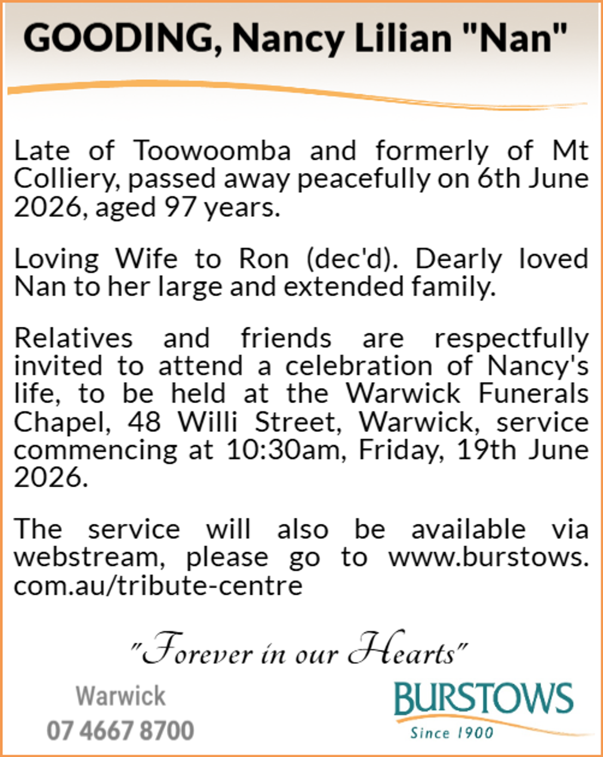 Funeral notice for Nancy Lillian Gooding