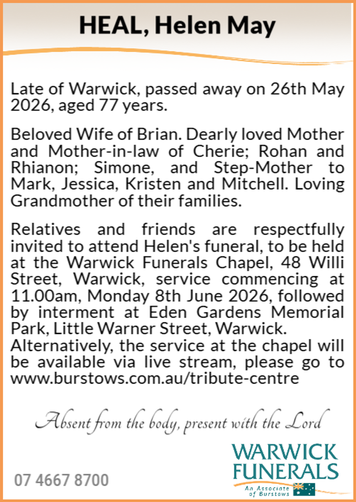 Funeral notice for Helen May Heal
