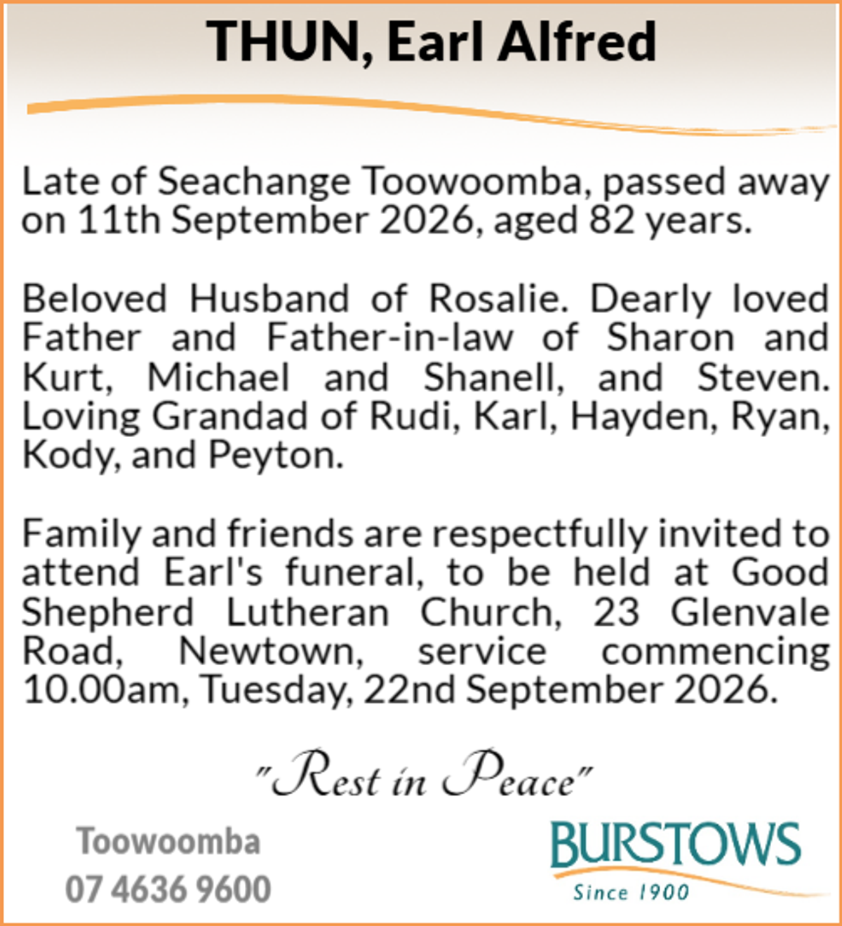 Funeral notice for Earl Alfred Thun