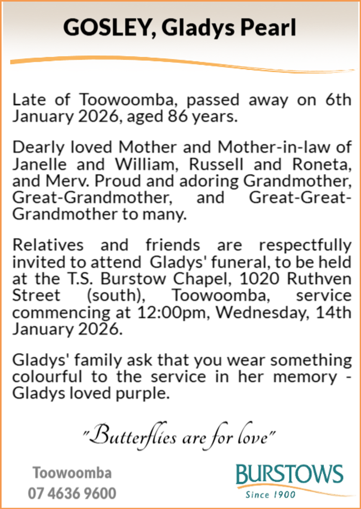 Funeral notice for Gladys Pearl Gosley
