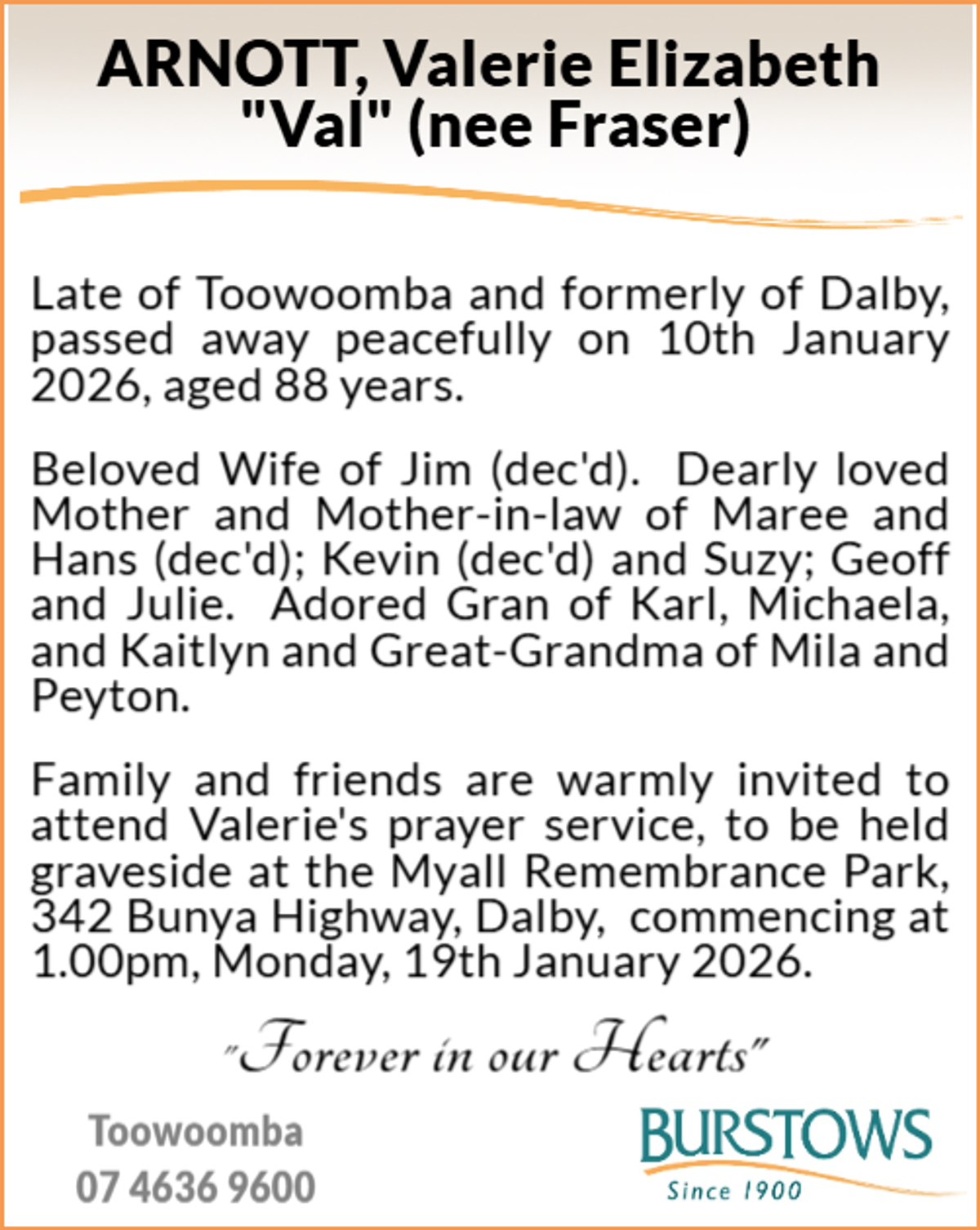 Funeral notice for Valerie Elizabeth Arnott