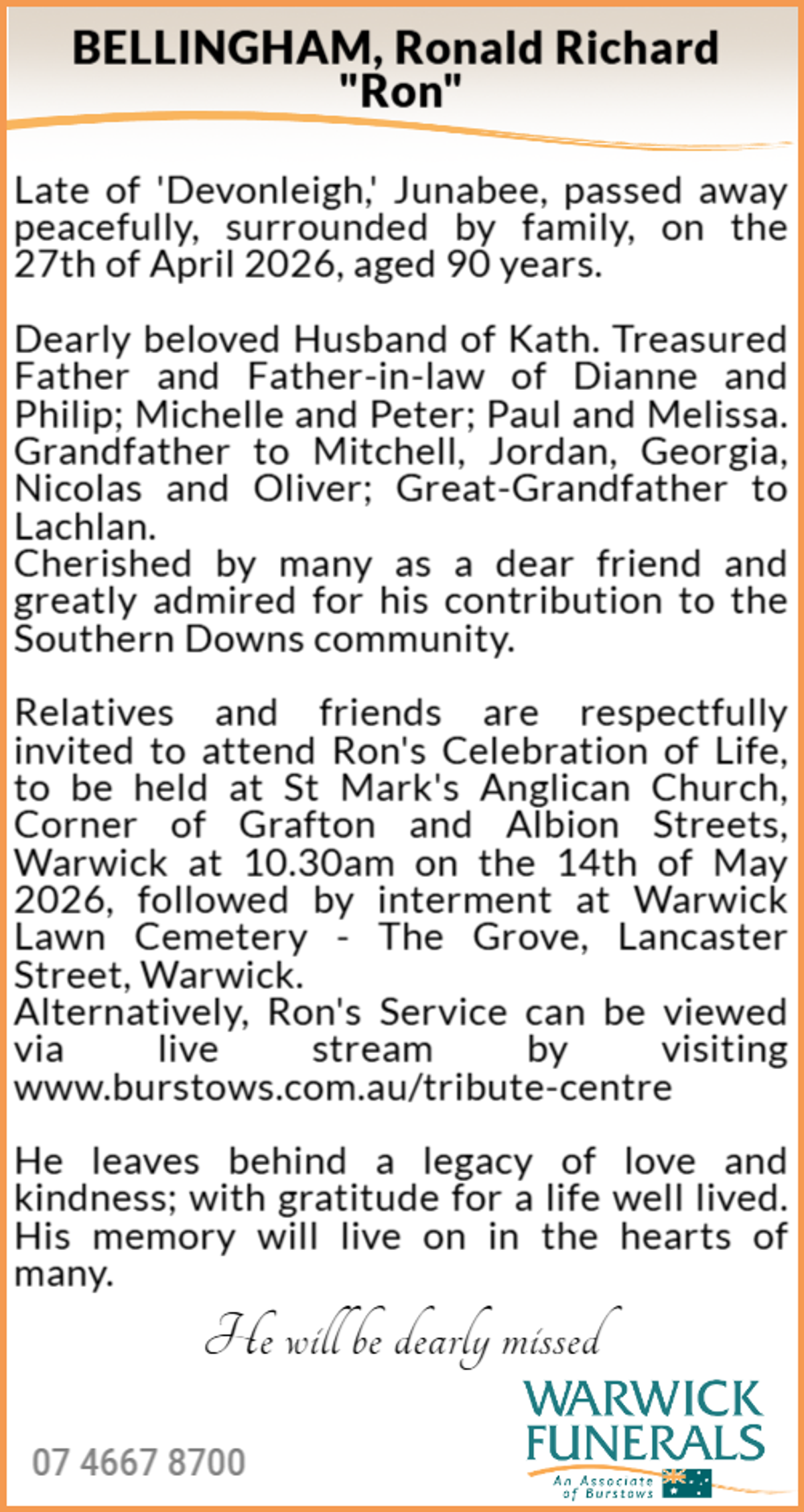 Funeral notice for Ronald Richard Bellingham