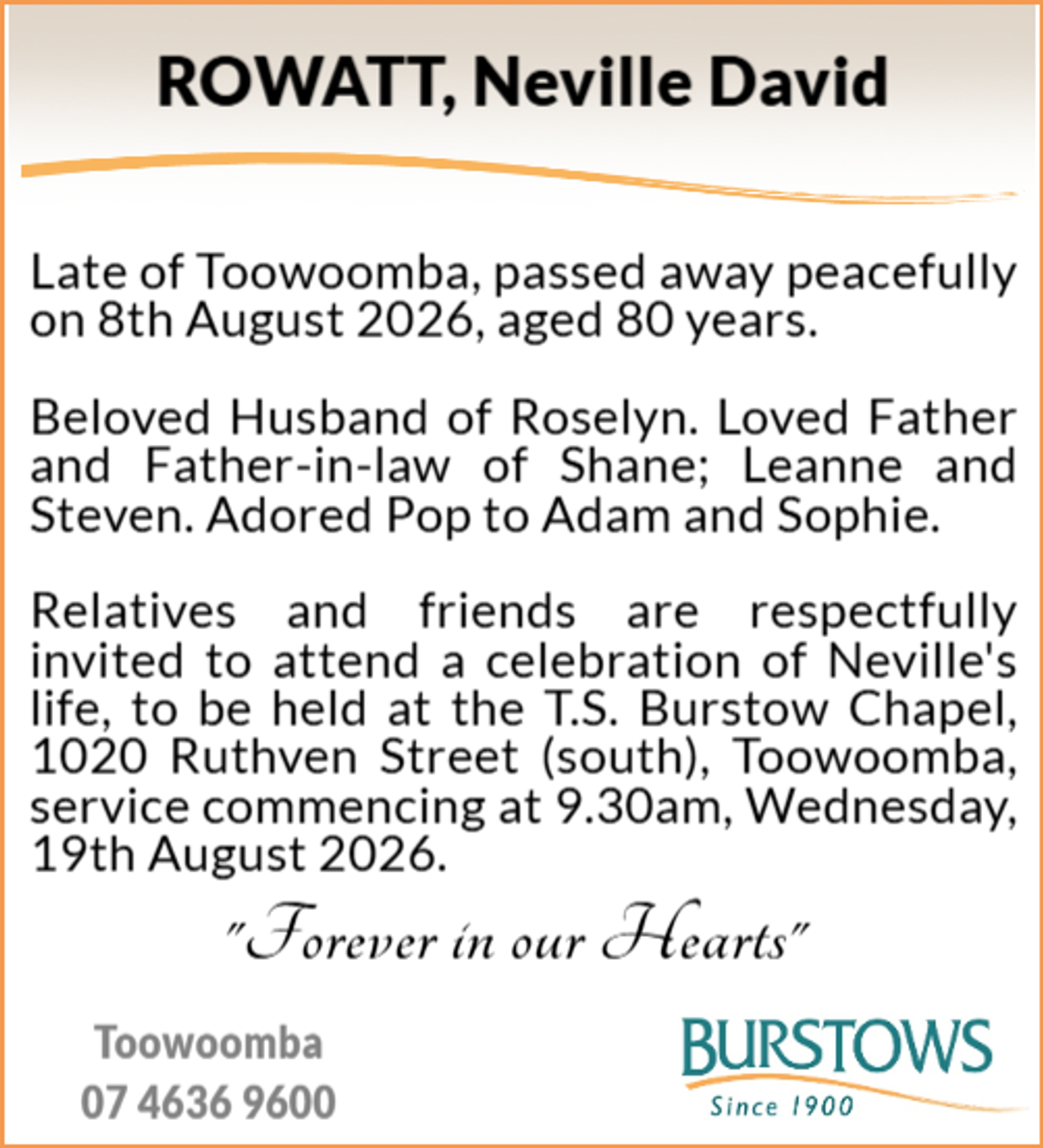 Funeral notice for Neville David Rowatt