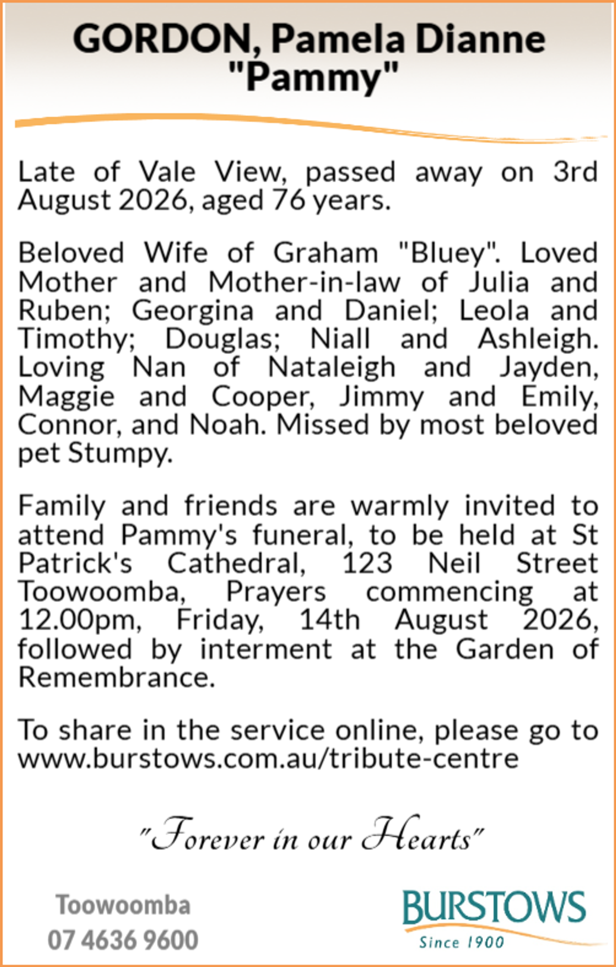 Funeral notice for Pamela Dianne Gordon