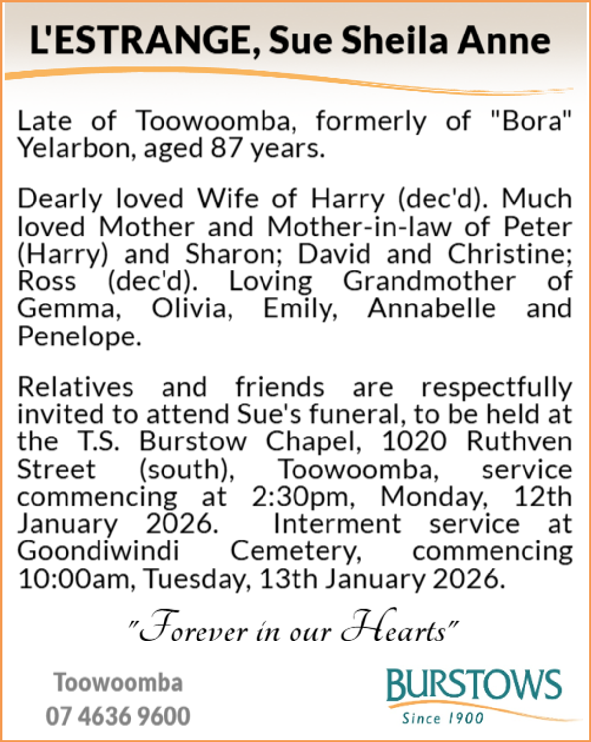 Funeral notice for Sue Sheila Anne L'Estrange