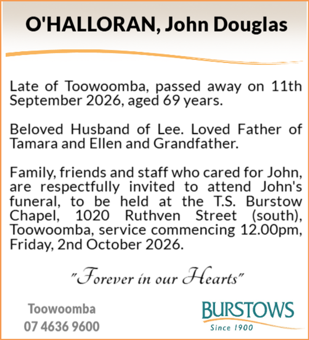 Funeral notice for John Douglas O'Halloran