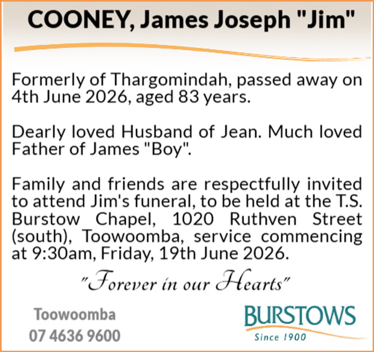 Funeral notice for James Joseph Cooney