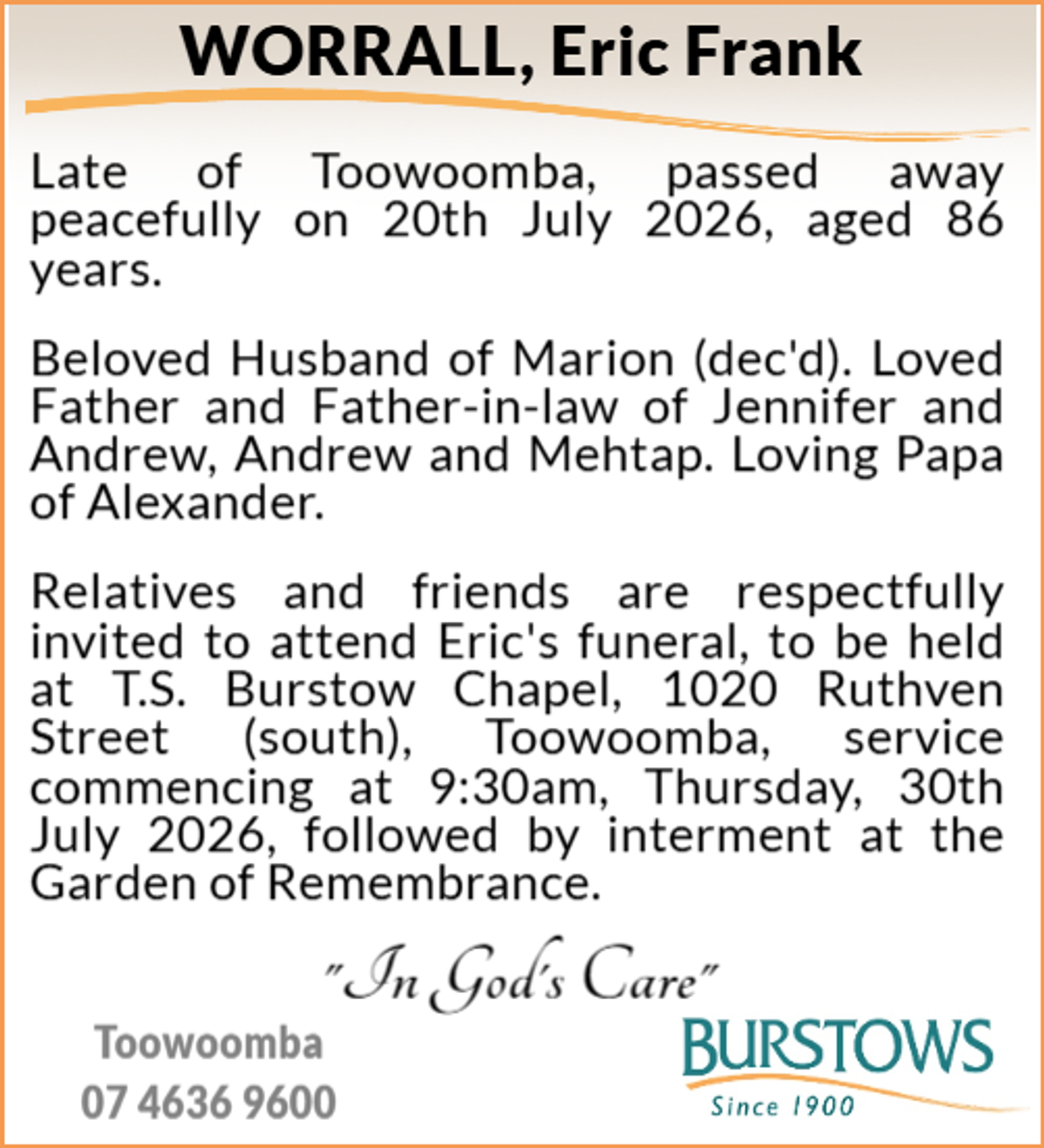Funeral notice for Eric Frank Worrall