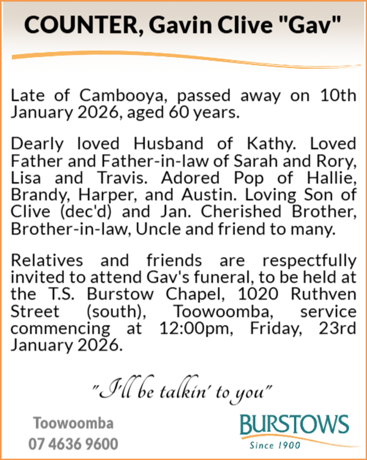 Funeral notice for Gavin Clive Counter