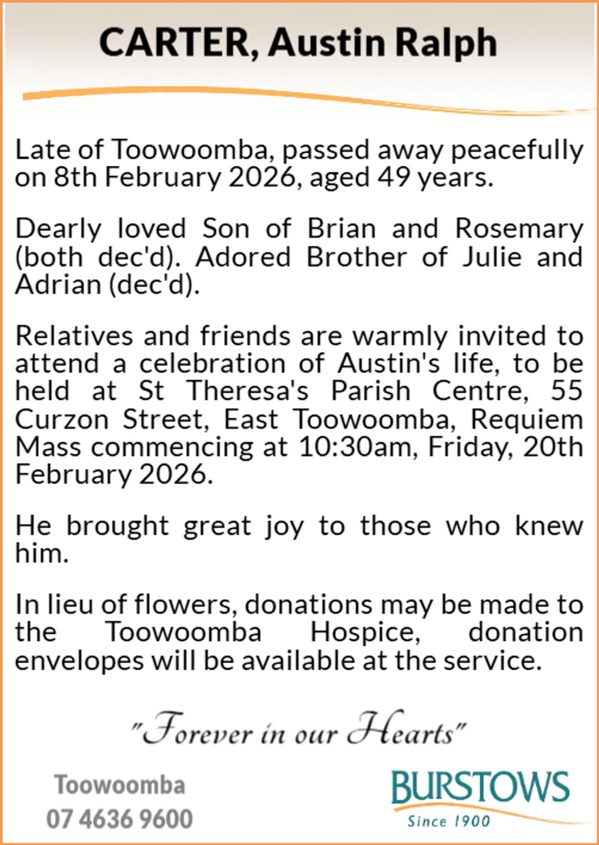 Funeral notice for Austin Ralph Carter