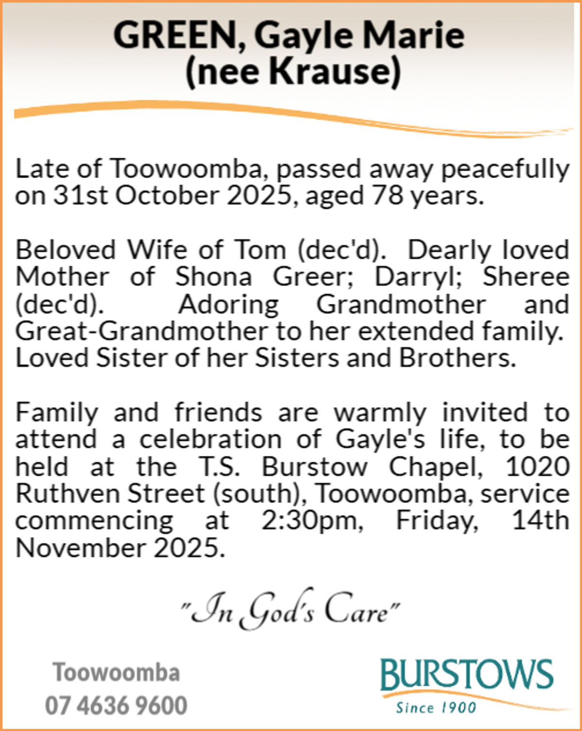 Funeral notice for Gayle Marie Green