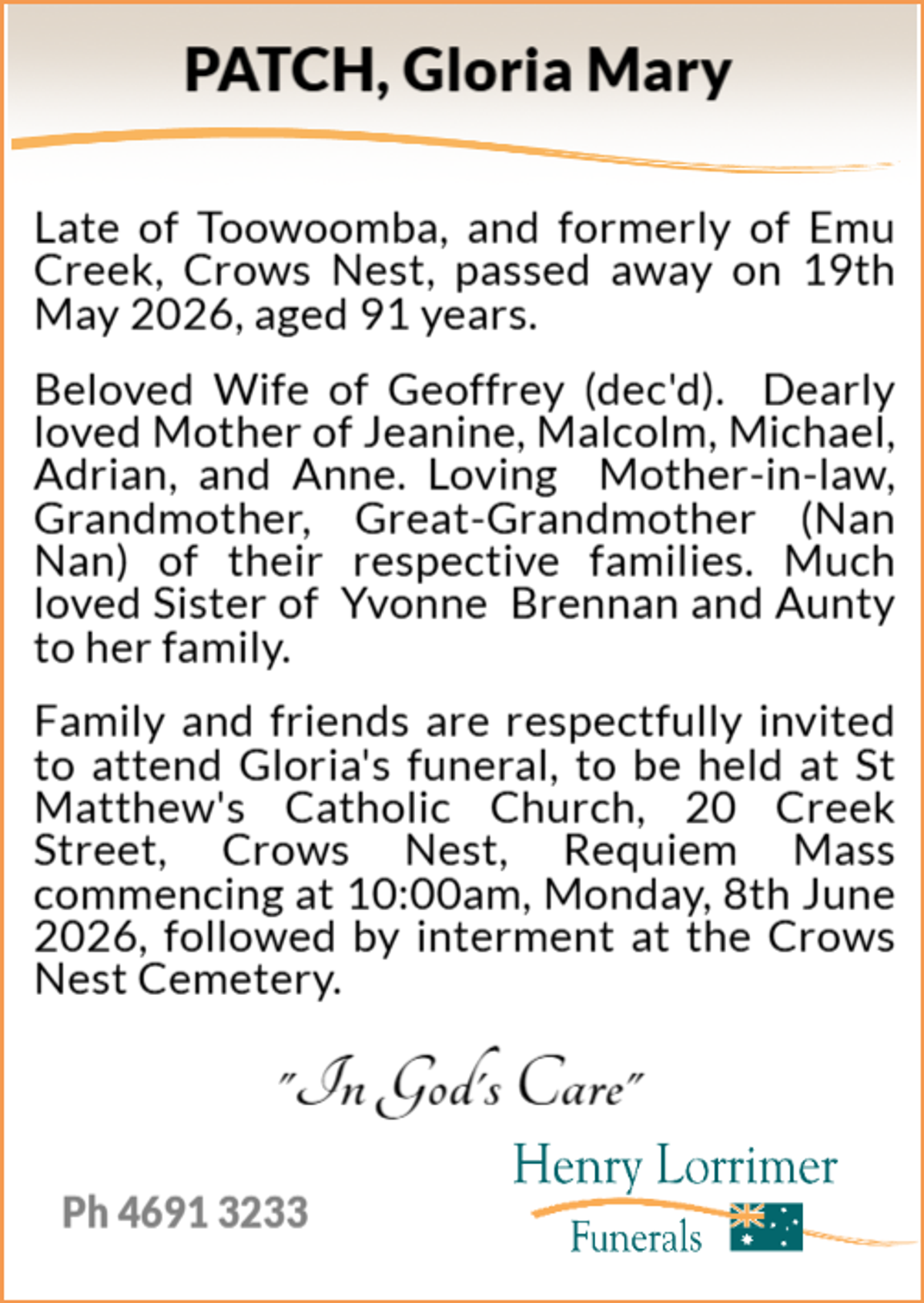 Funeral notice for Gloria Mary Patch