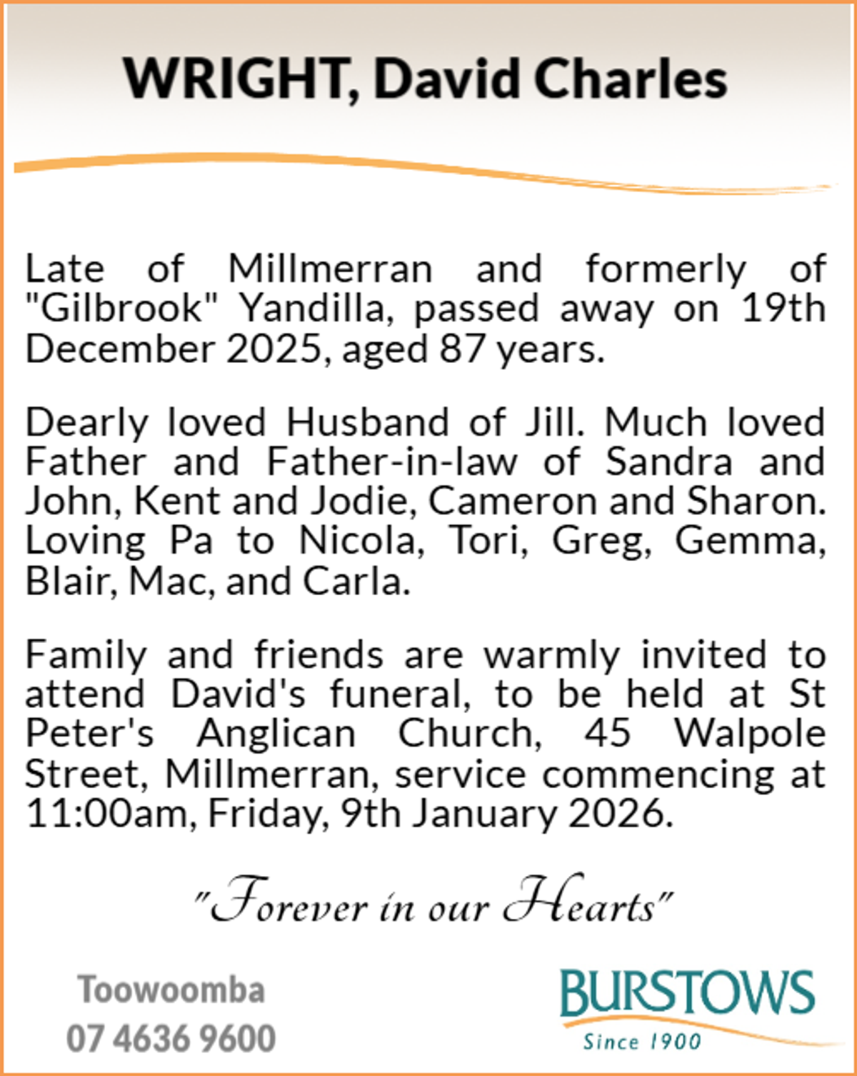 Funeral notice for David Charles Wright