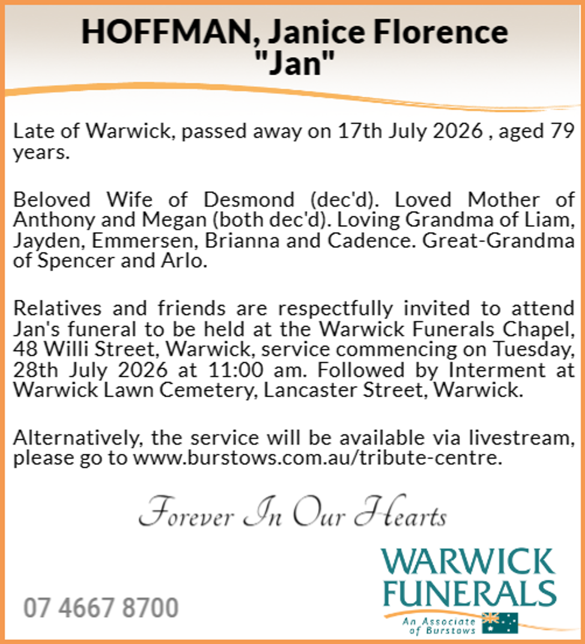 Funeral notice for Janice Florence Hoffman