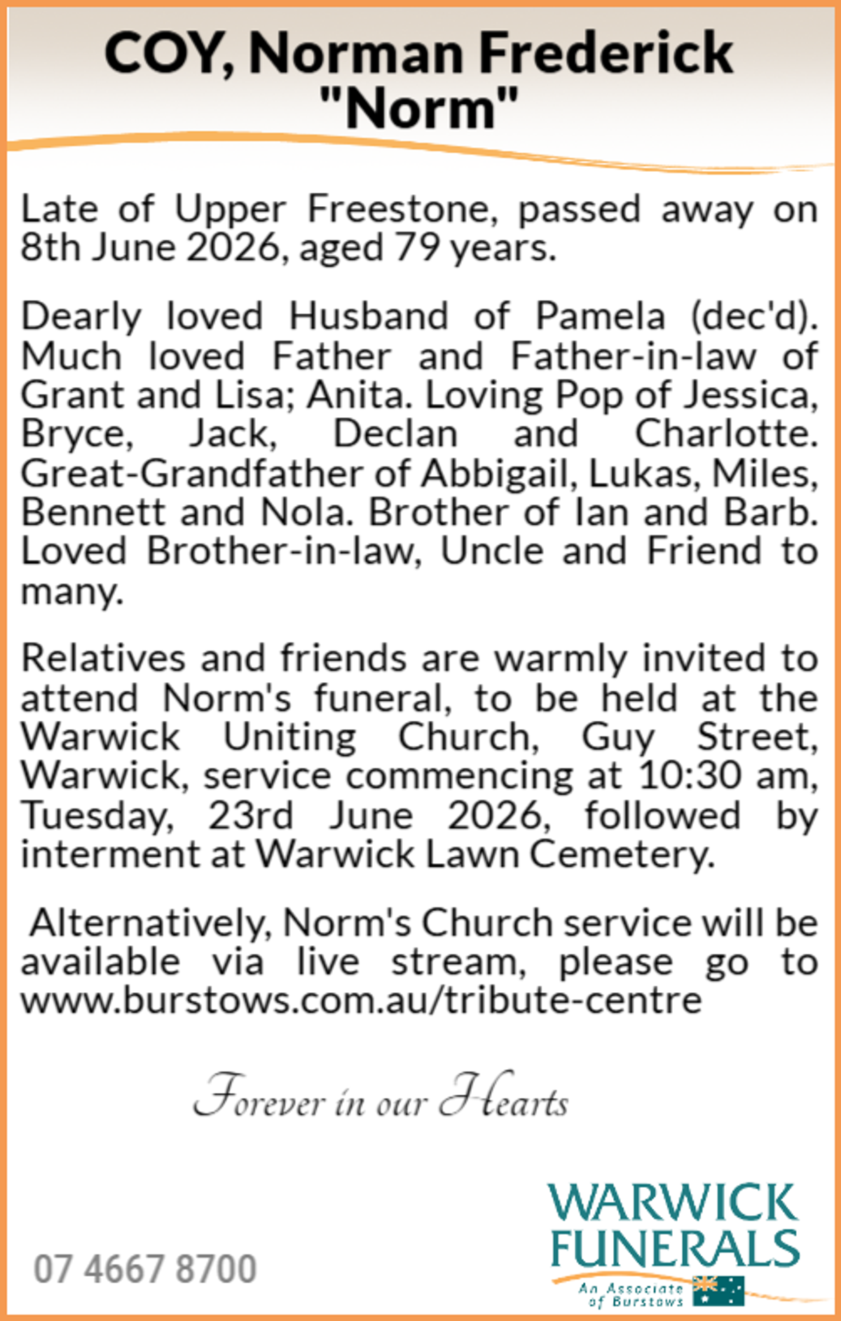 Funeral notice for Norman Frederick Coy