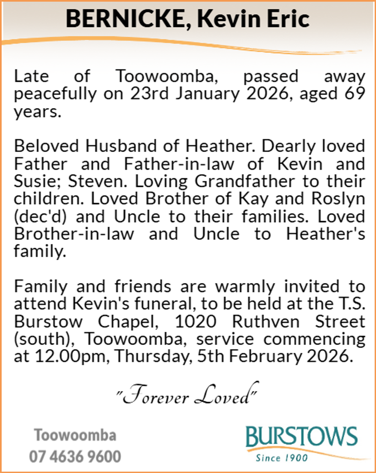 Funeral notice for Kevin Eric Bernicke