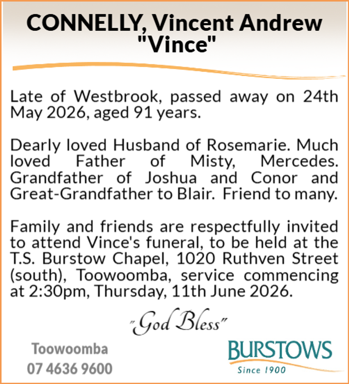 Funeral notice for Vincent Andrew Connelly