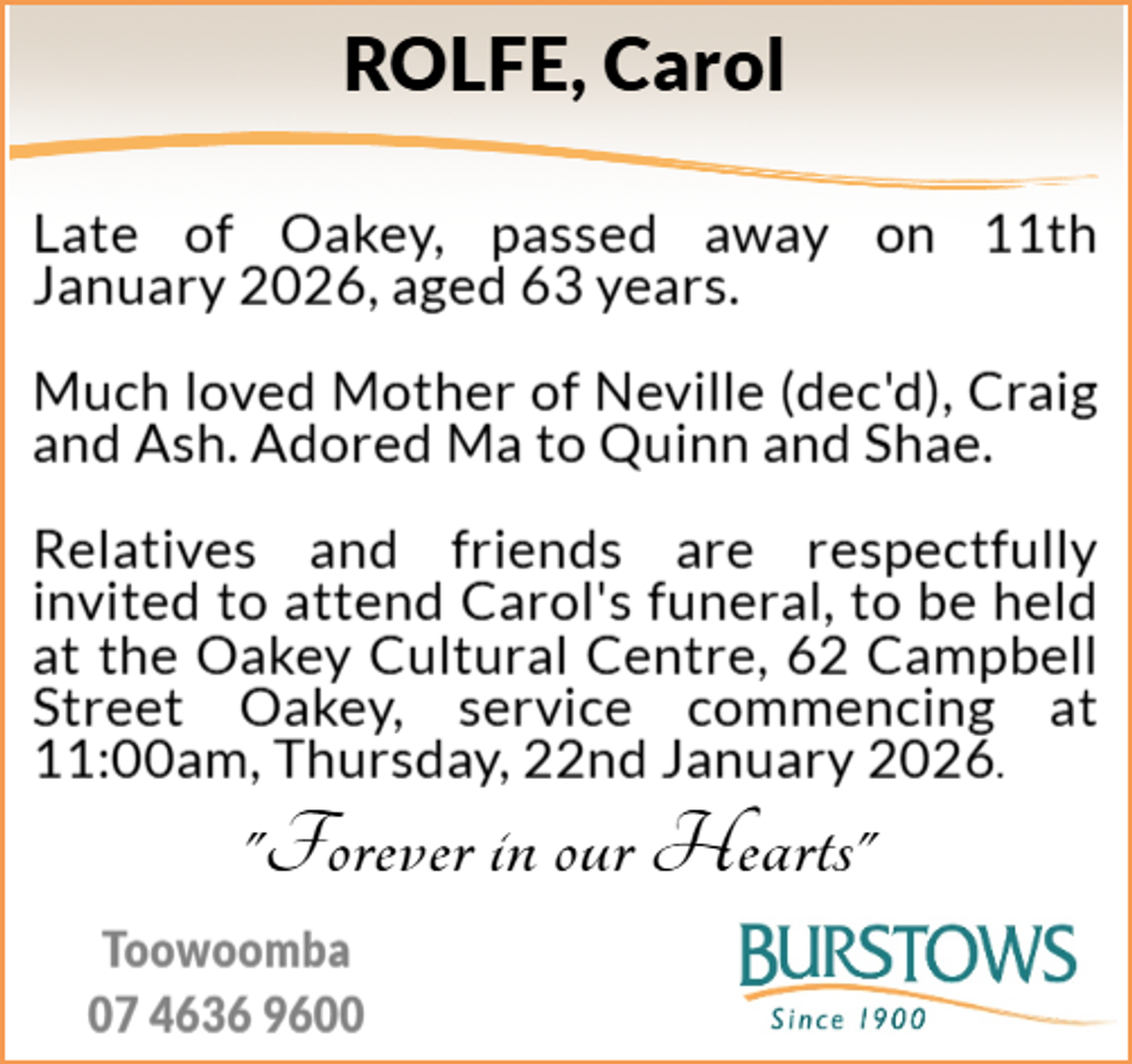 Funeral notice for Carol Rolfe