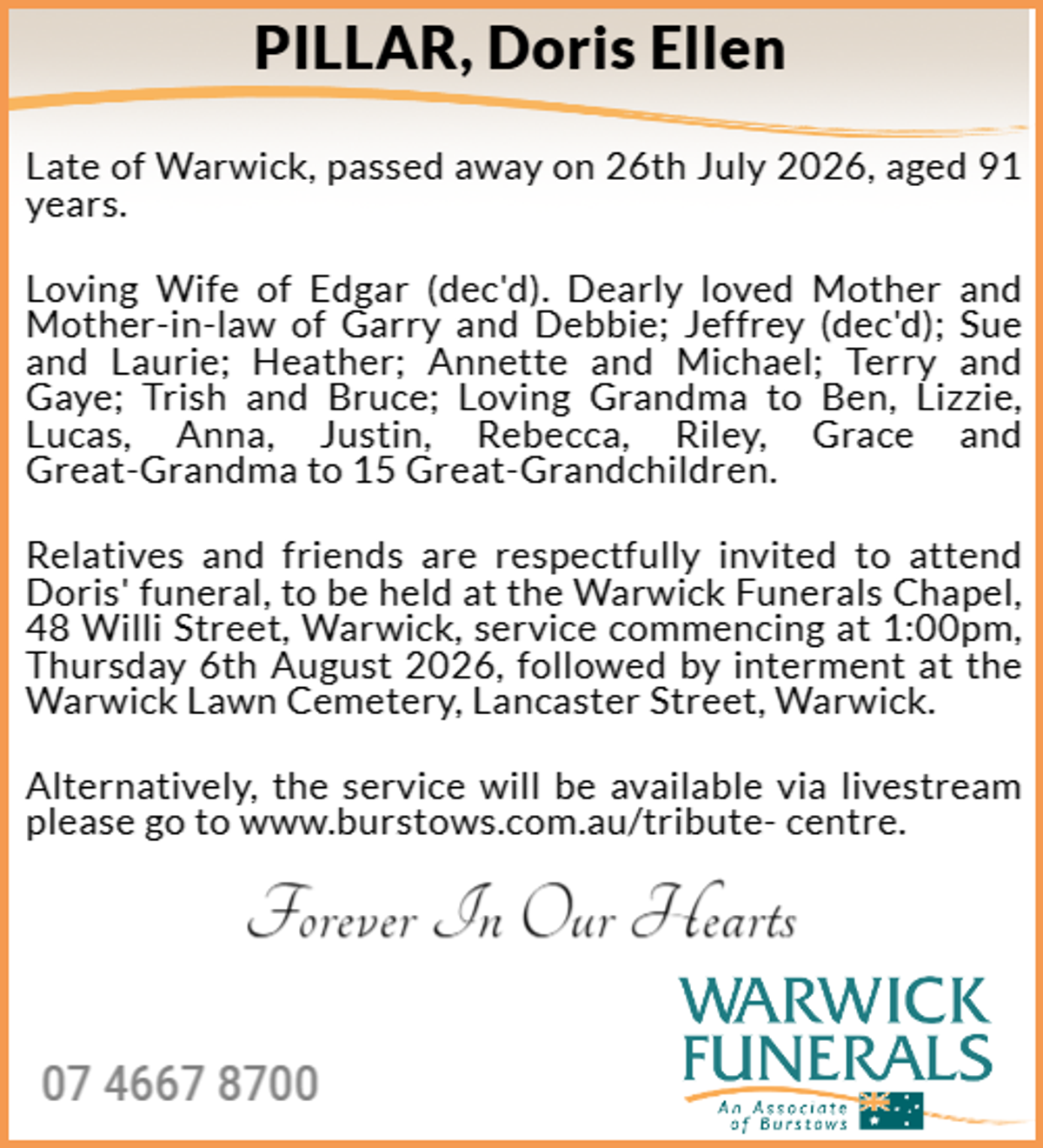 Funeral notice for Doris Ellen Pillar