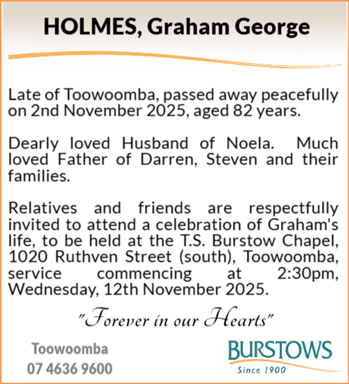 Funeral notice for Graham George Holmes