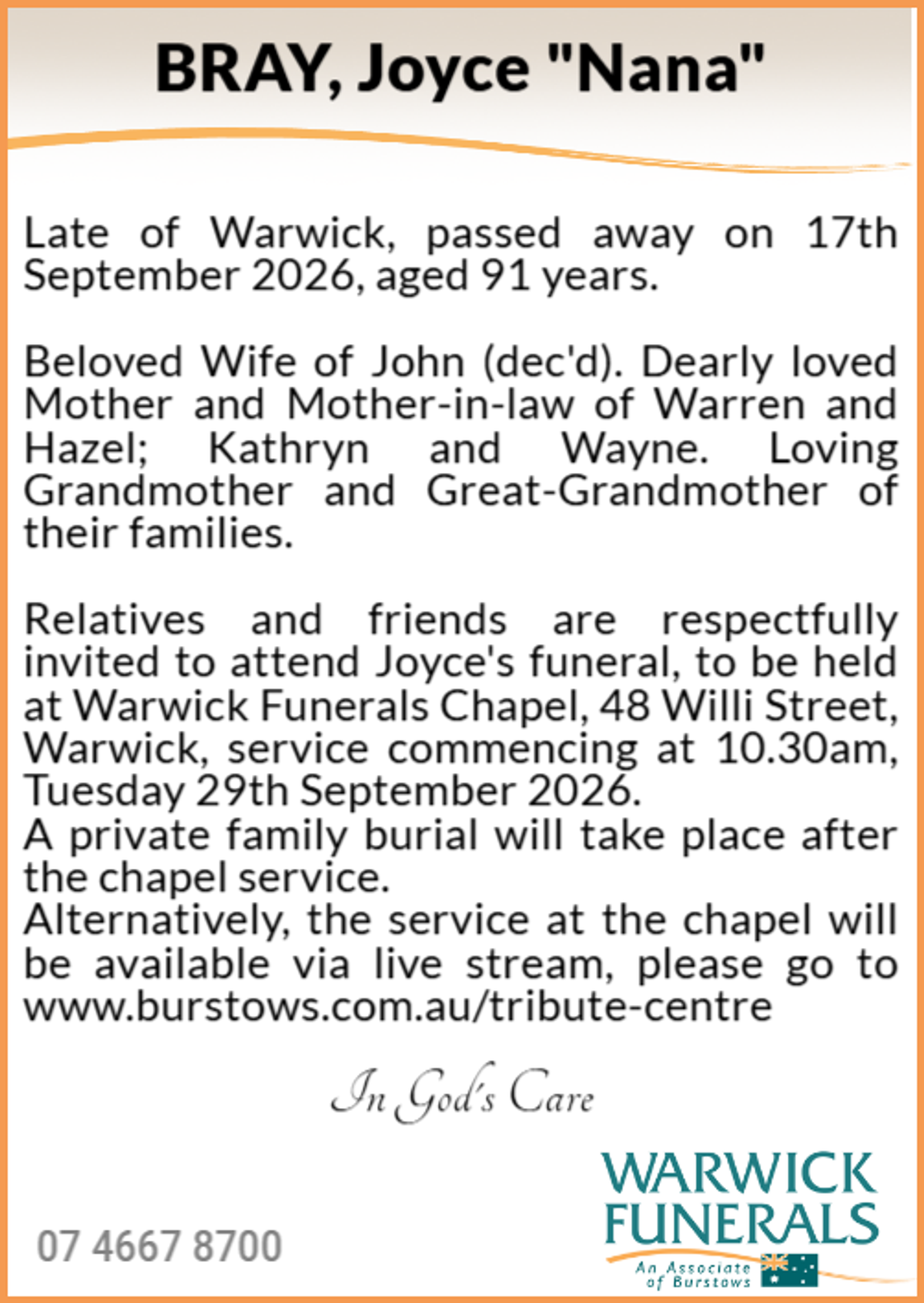 Funeral notice for Joyce Bray