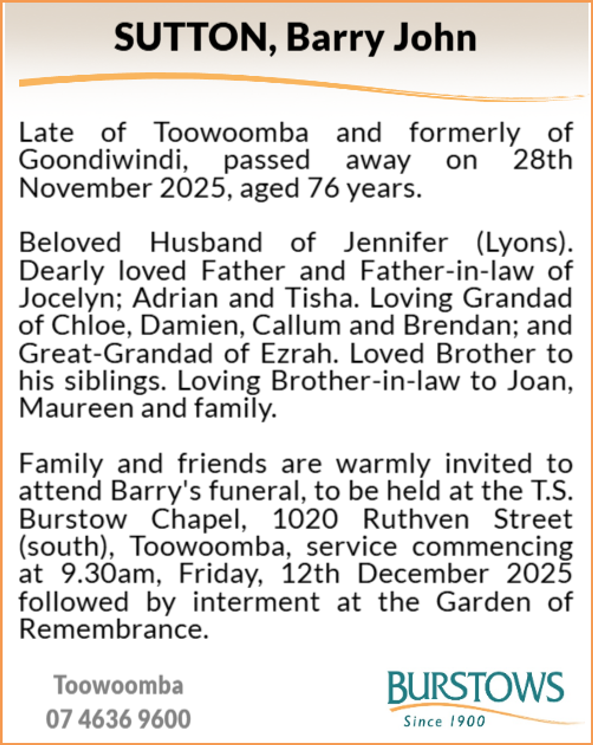 Funeral notice for Barry John Sutton