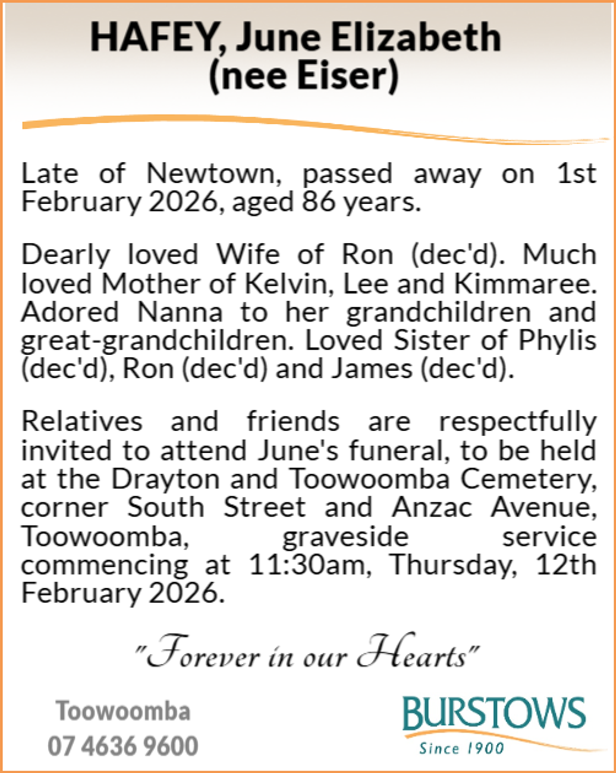 Funeral notice for June Elizabeth Hafey