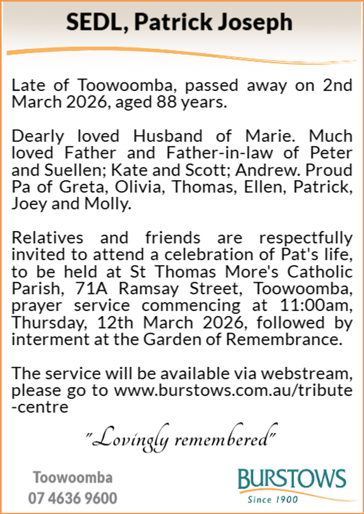 Funeral notice for Patrick Joseph Sedl