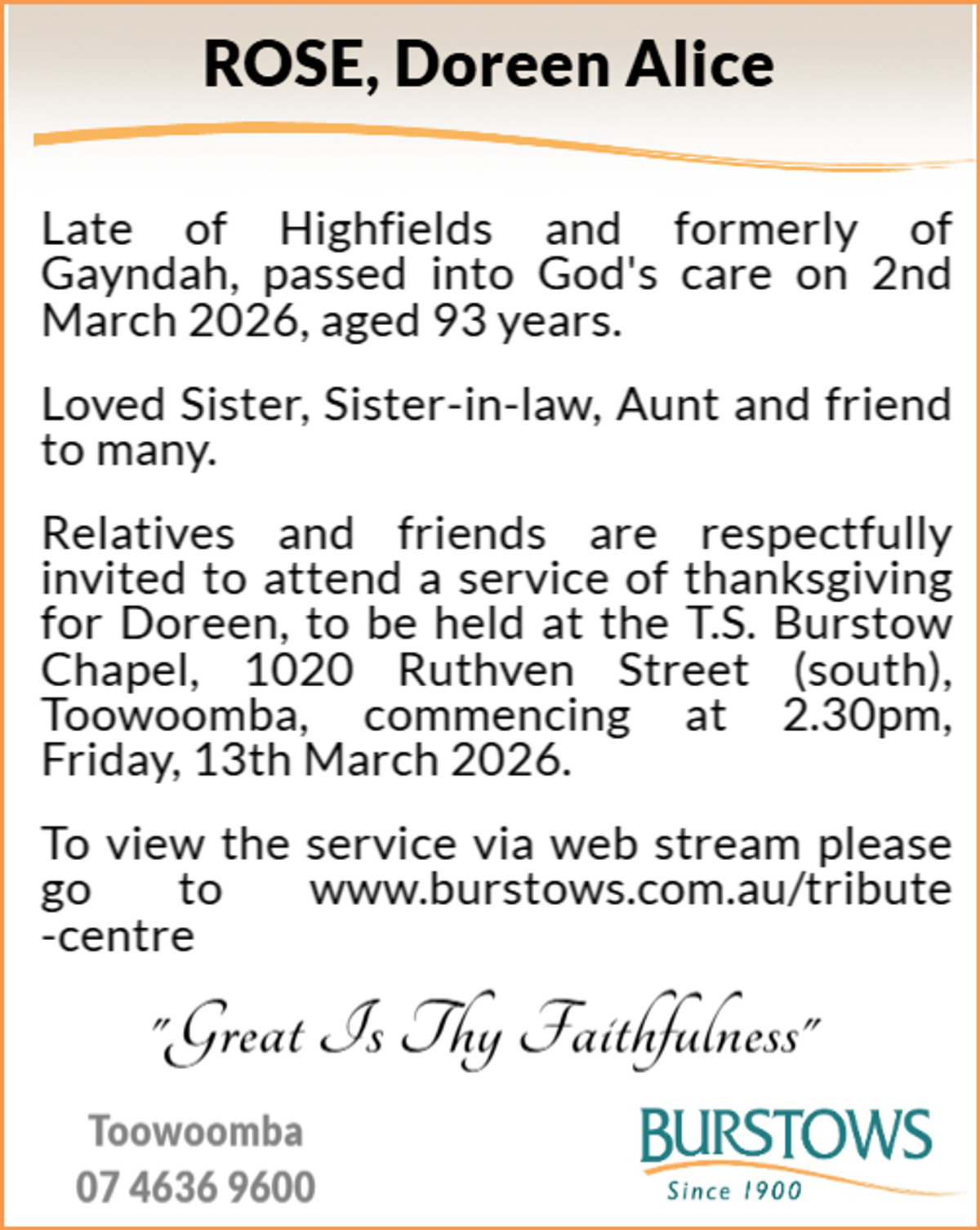Funeral notice for Doreen Alice Rose