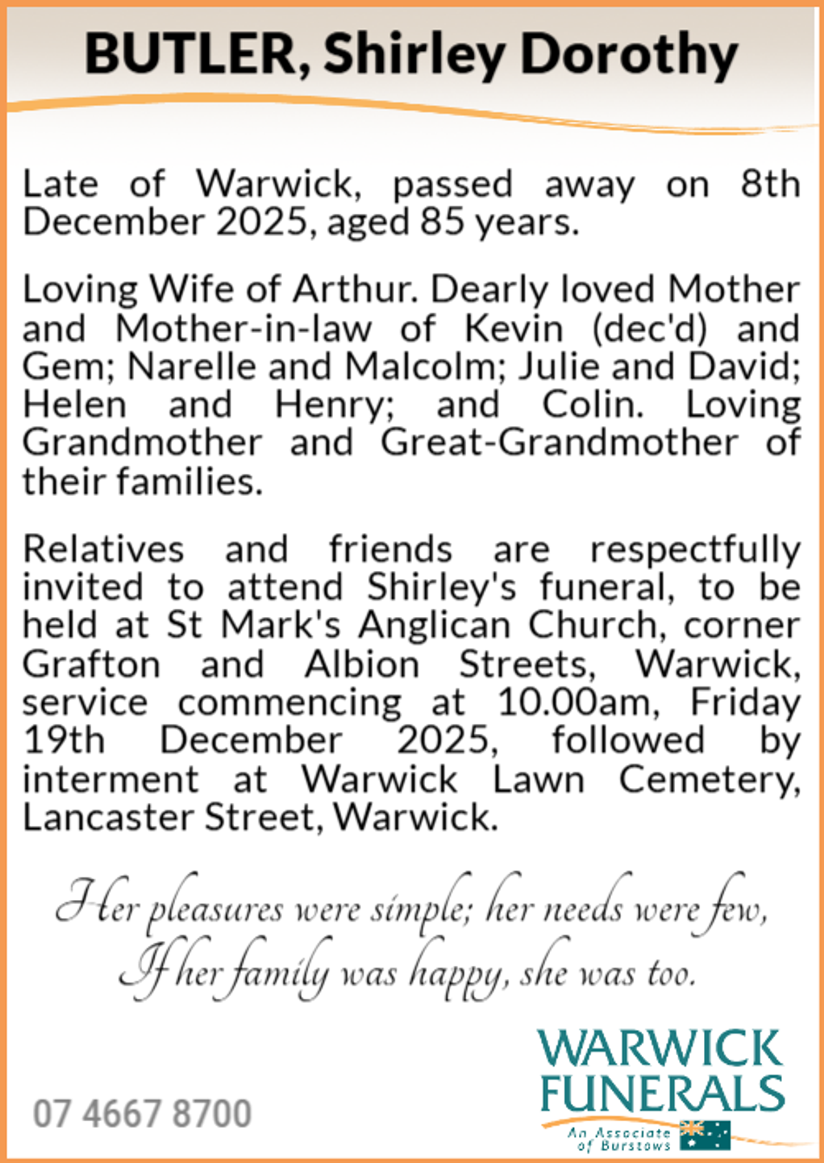 Funeral notice for Shirley Dorothy Butler