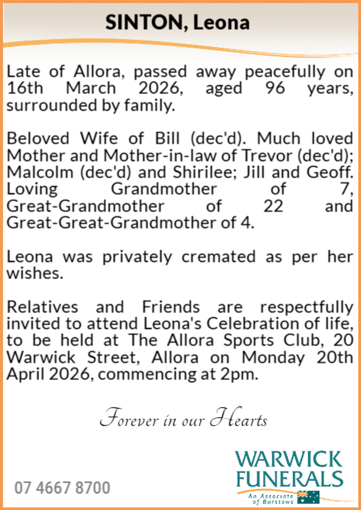 Funeral notice for Leona Sinton