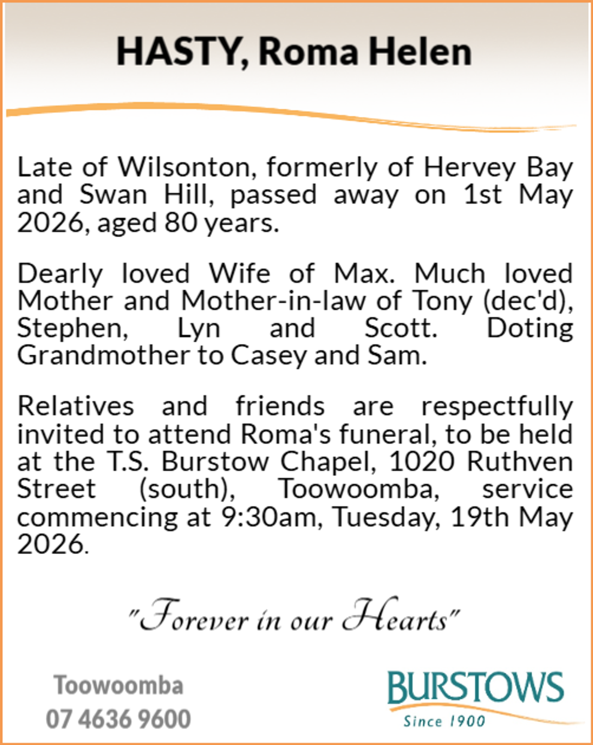 Funeral notice for Roma Helen Hasty
