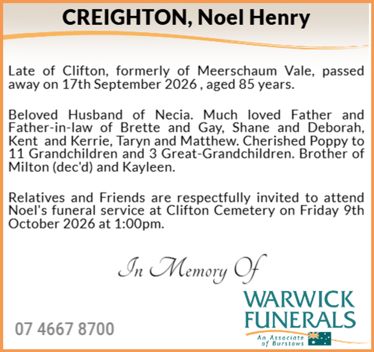 Funeral notice for Noel Henry Creighton