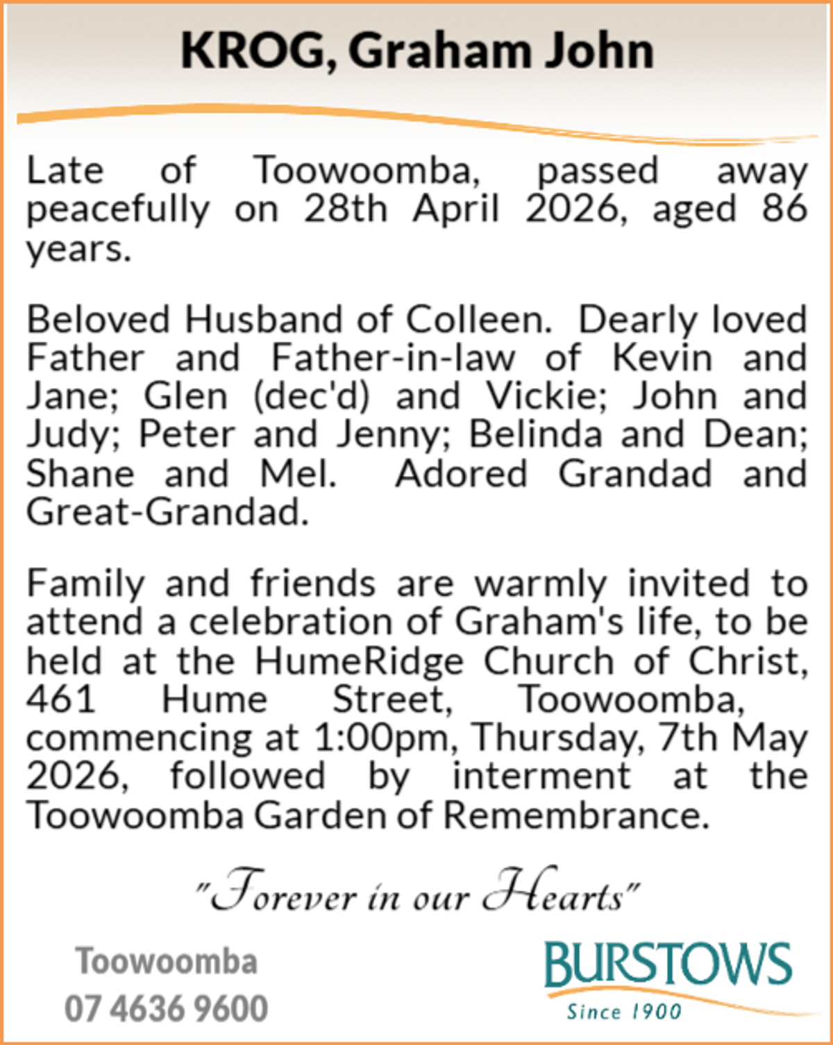 Funeral notice for Graham John Krog