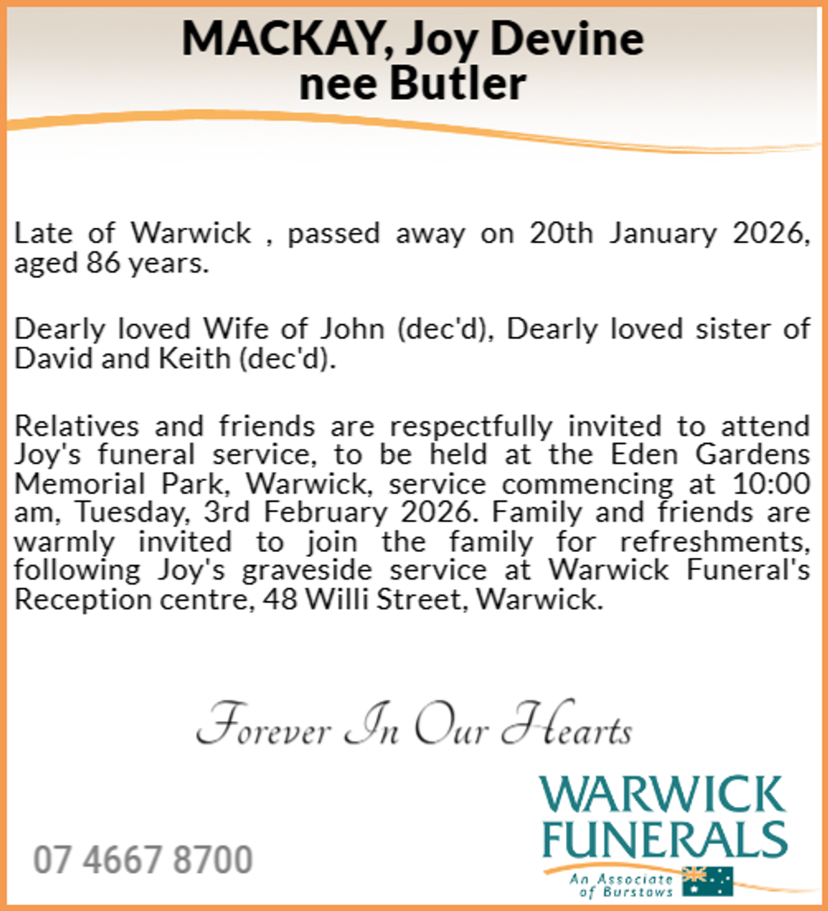 Funeral notice for Joy Devine MacKay