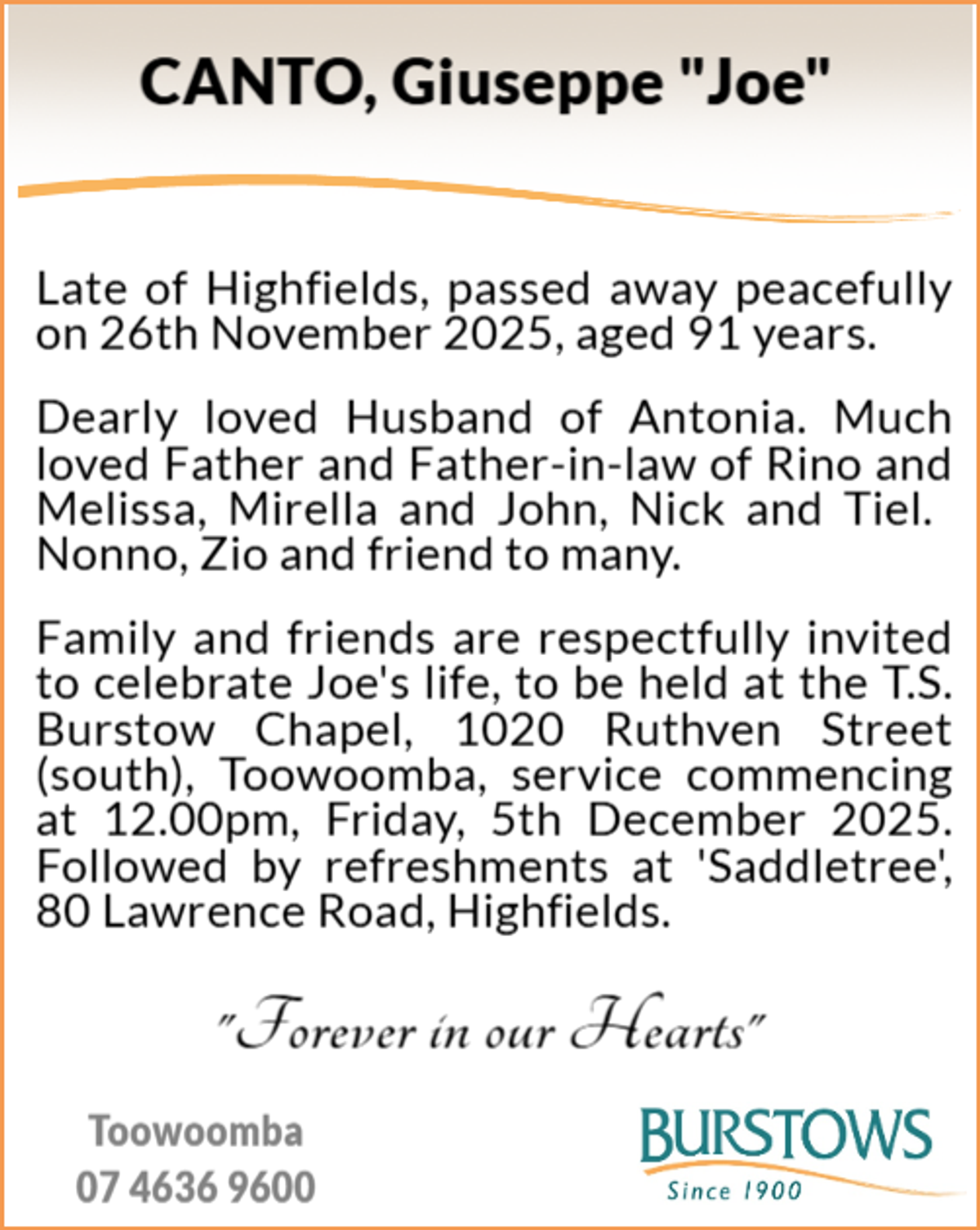 Funeral notice for Giuseppe Canto