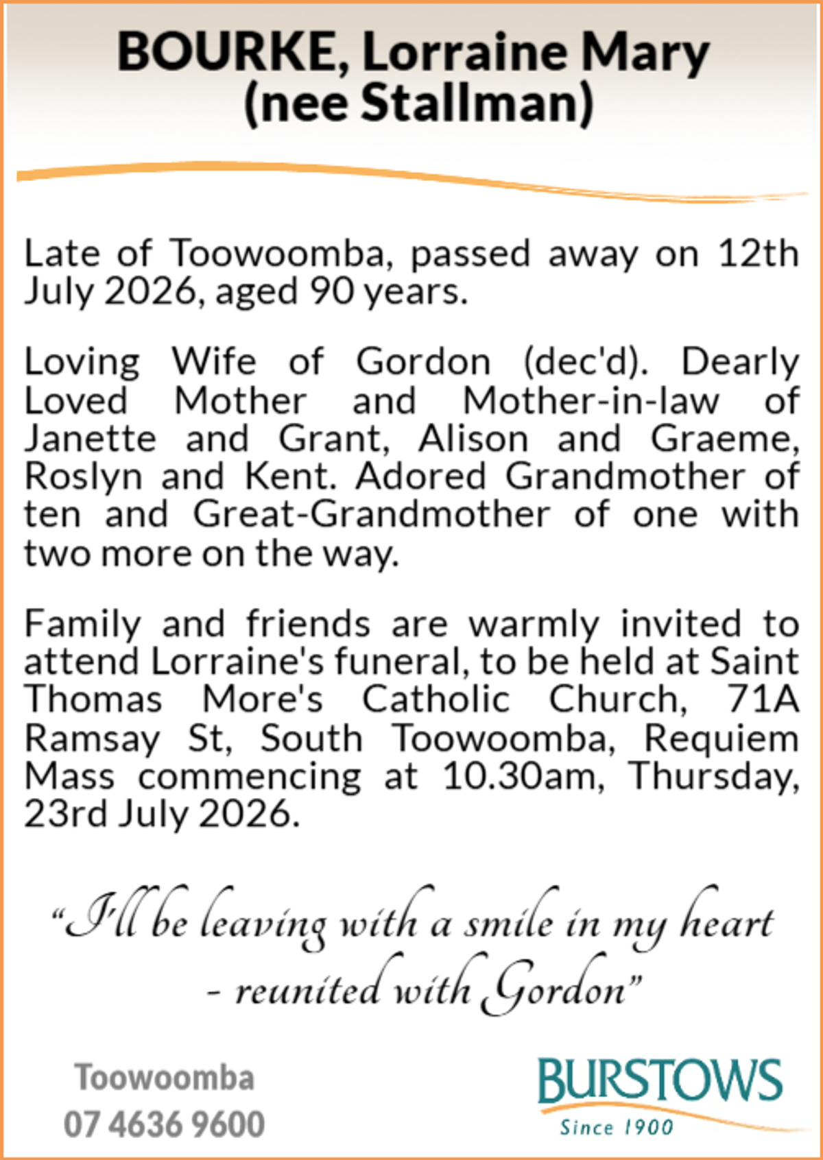 Funeral notice for Lorraine Mary Bourke
