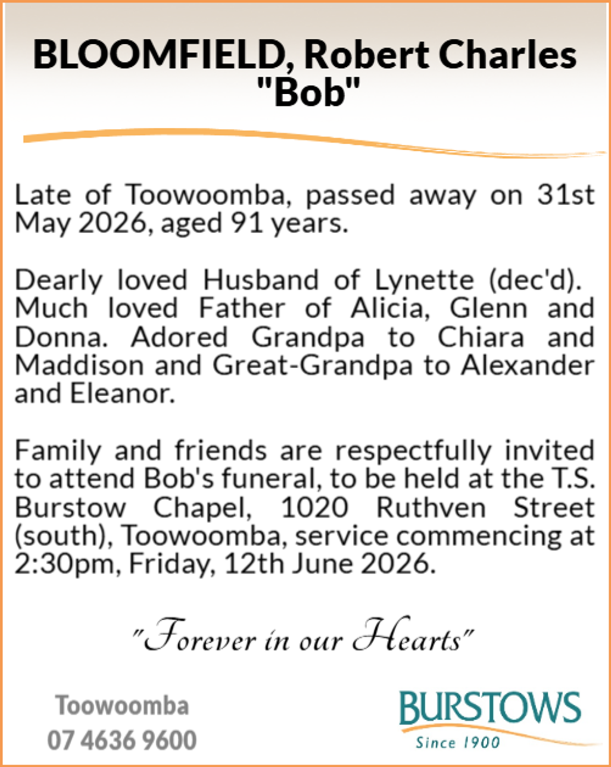 Funeral notice for Robert Charles Bloomfield