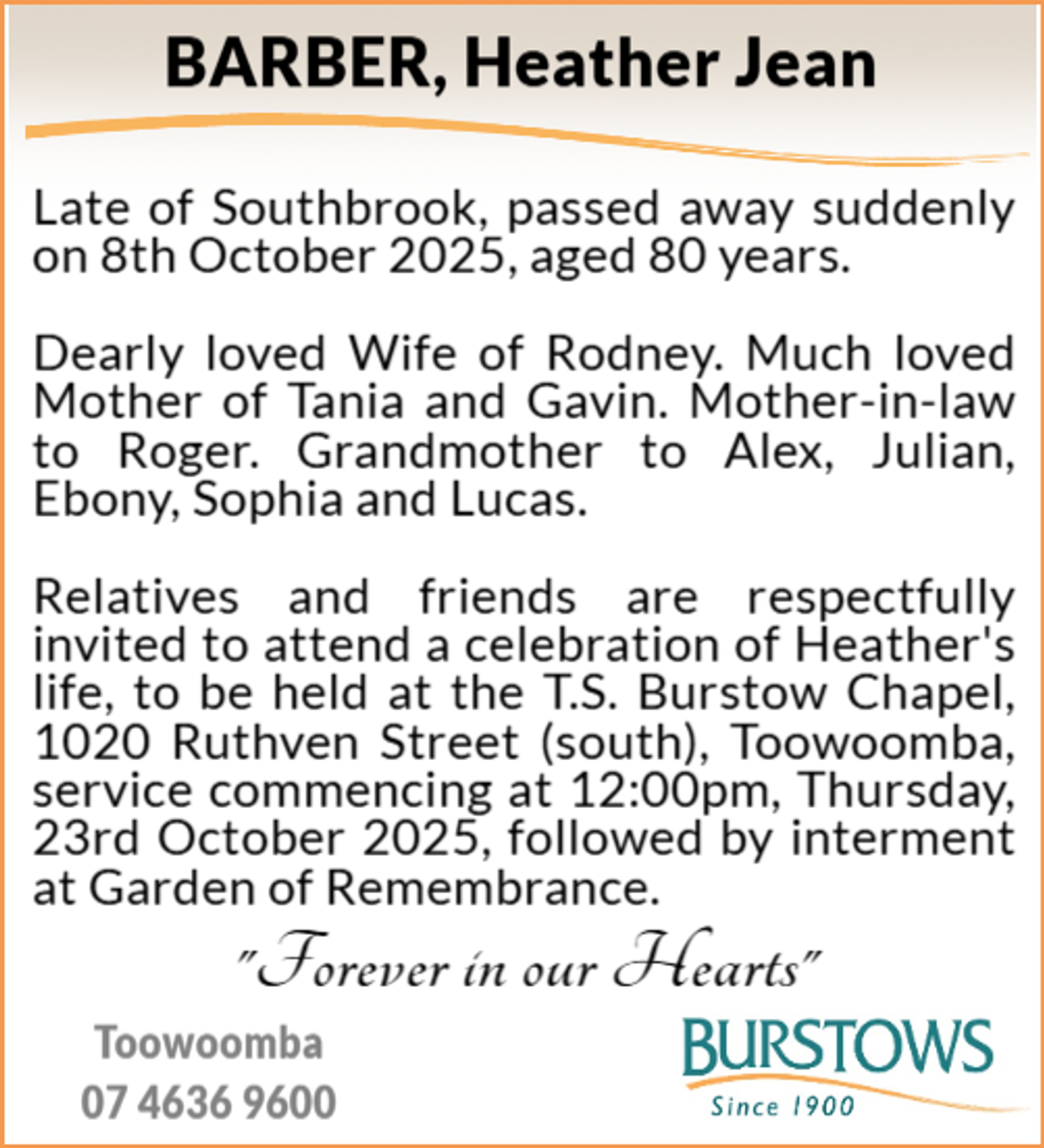 Funeral notice for Heather Jean Barber
