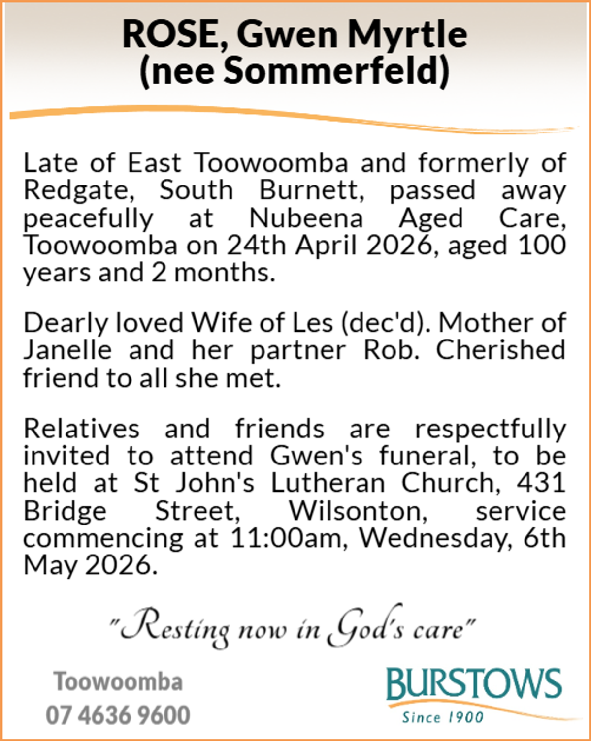 Funeral notice for Gwen Myrtle Rose