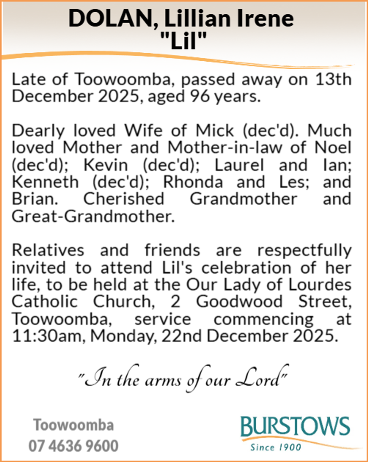 Funeral notice for Lillian Irene Dolan