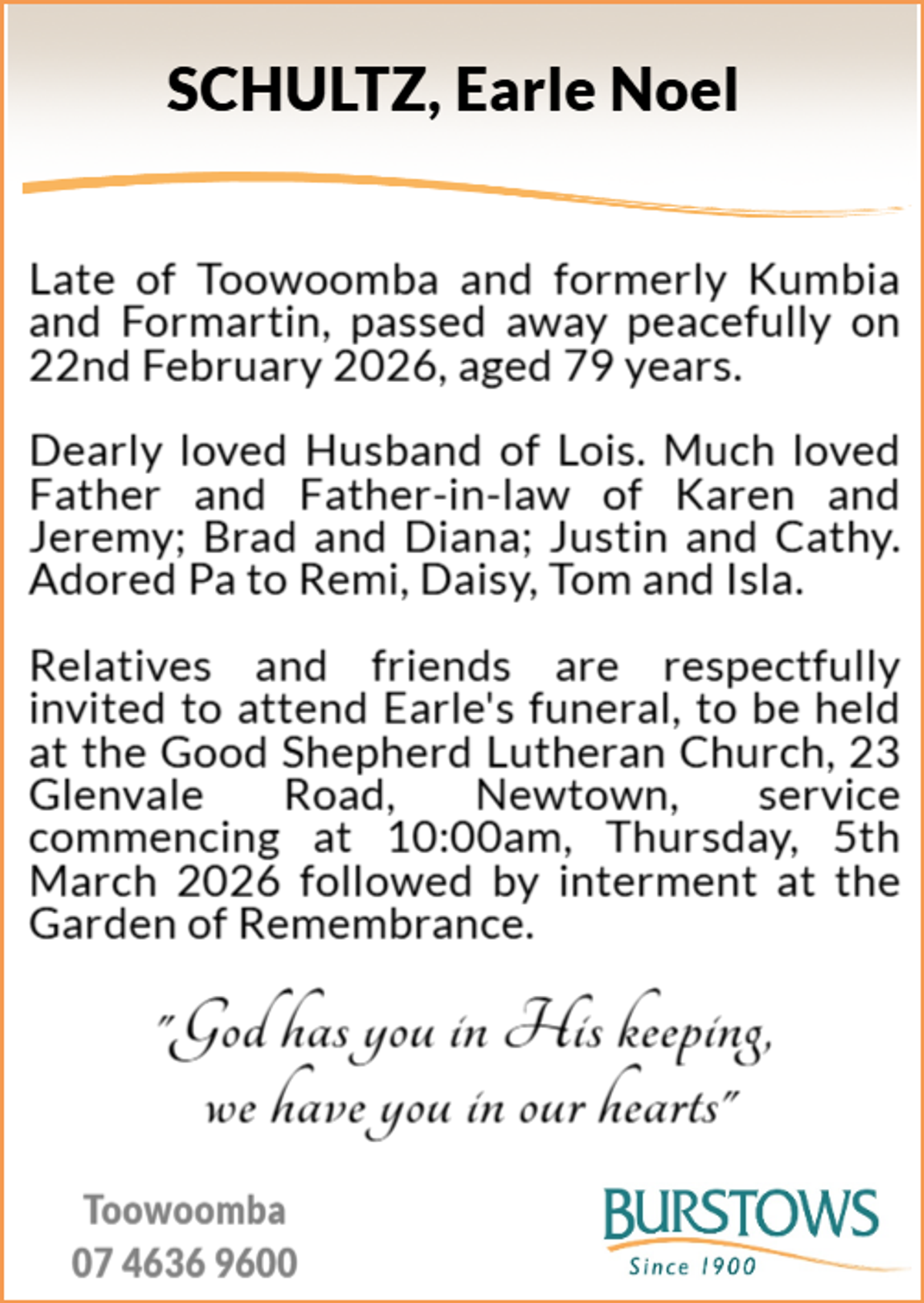 Funeral notice for Earle Noel Schultz
