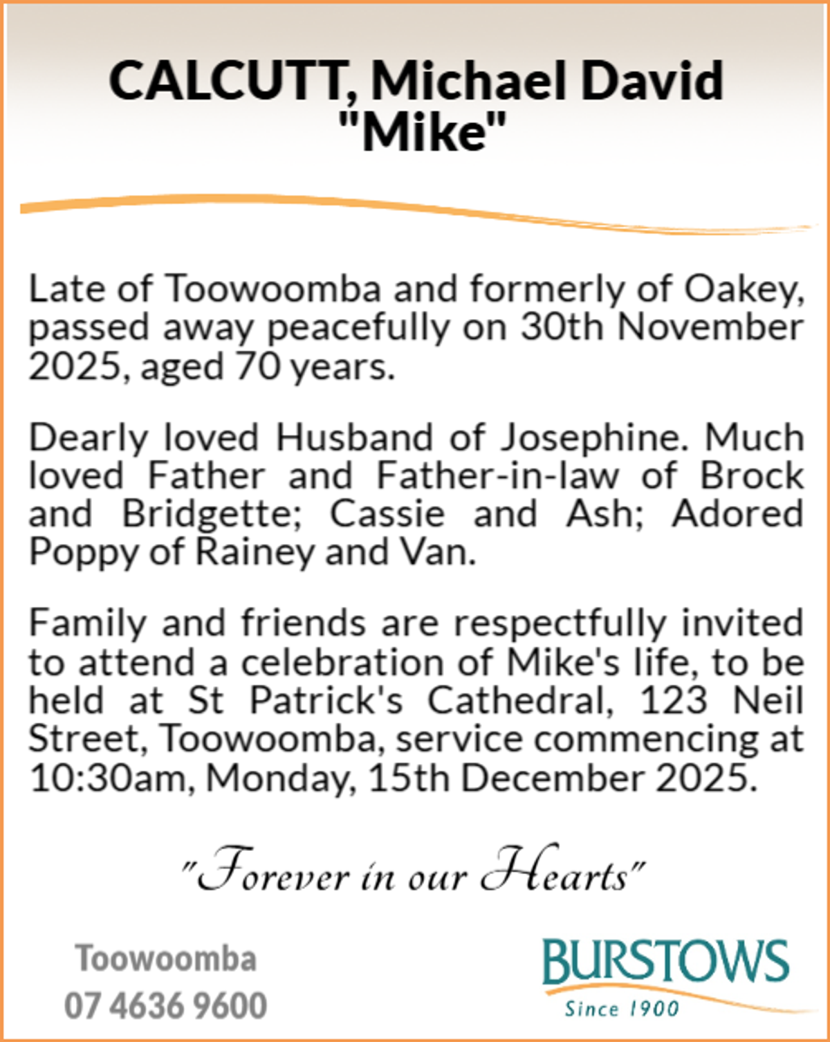 Funeral notice for Michael David Calcutt
