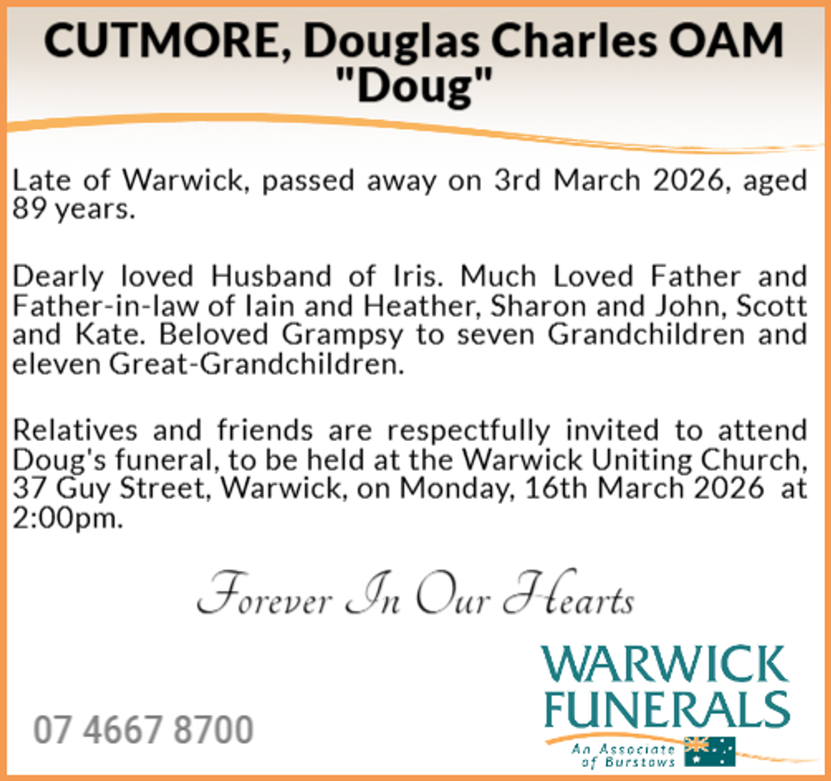 Funeral notice for Douglas Charles Cutmore