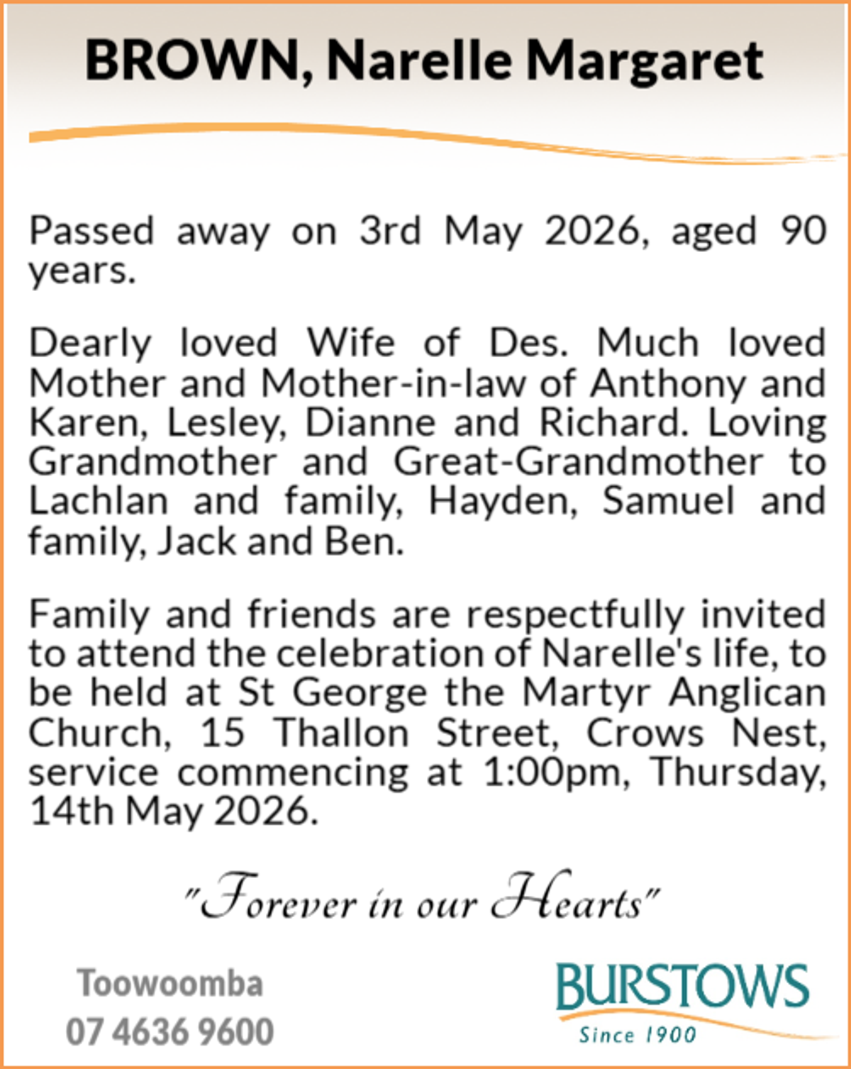 Funeral notice for Narelle Margaret Brown