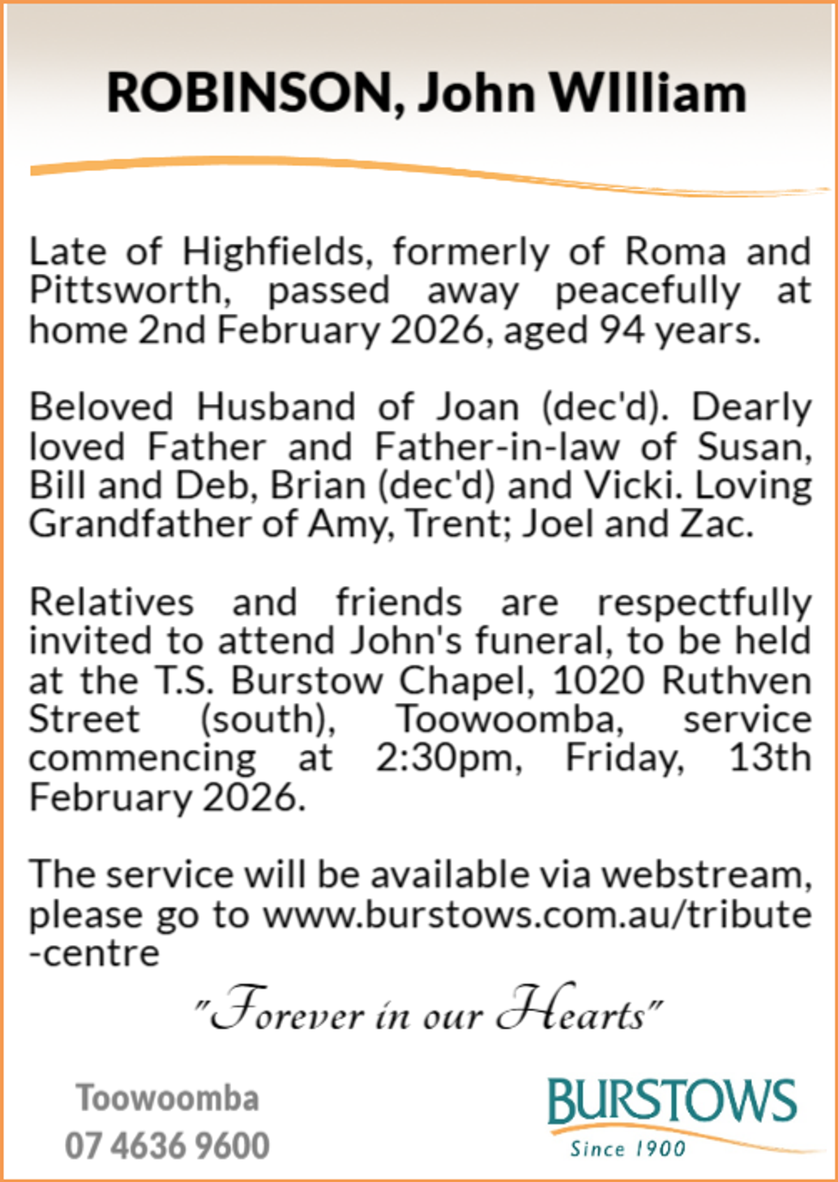 Funeral notice for John William Robinson