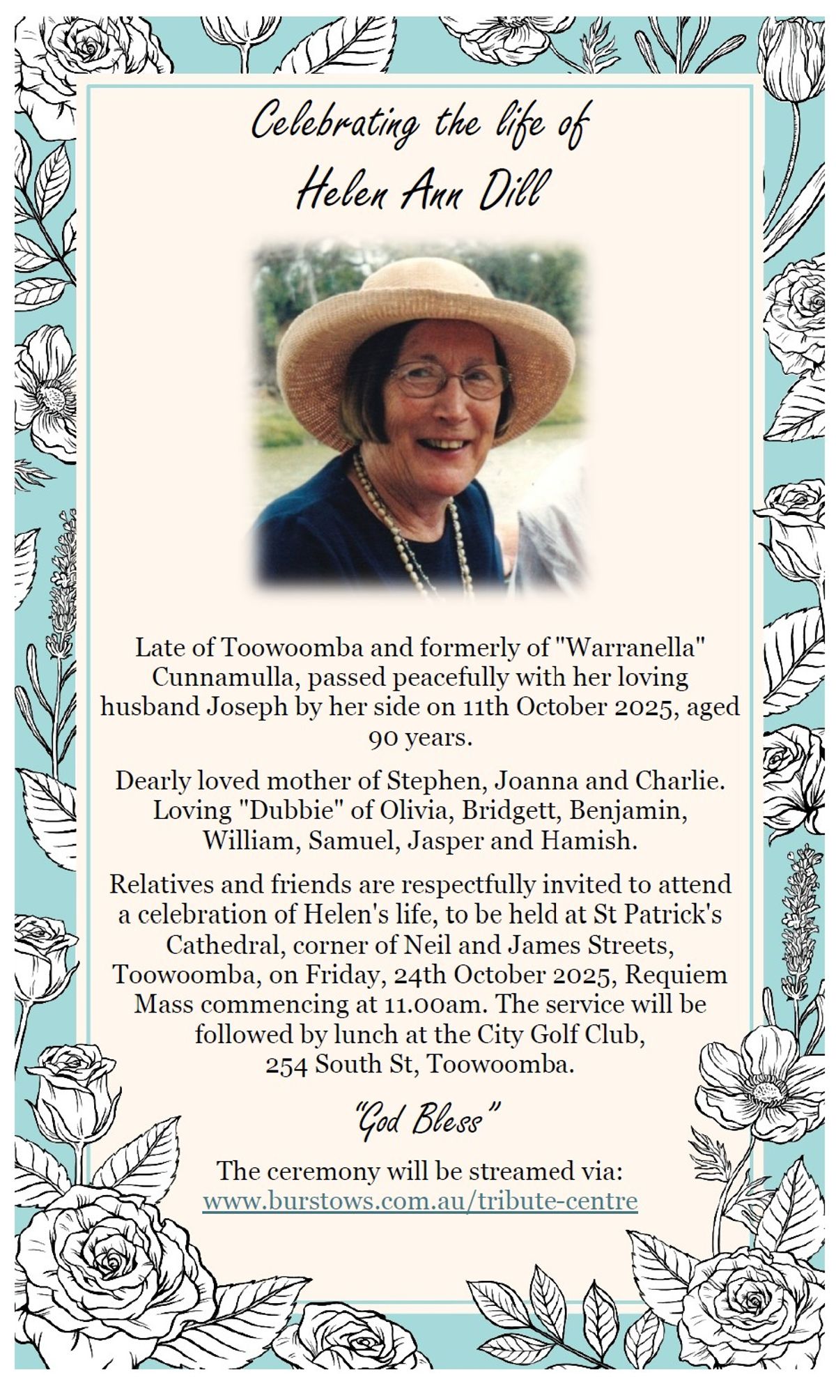 Funeral notice for Helen Ann Dill