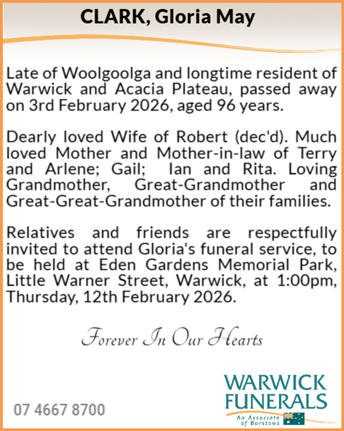 Funeral notice for Gloria May Clark